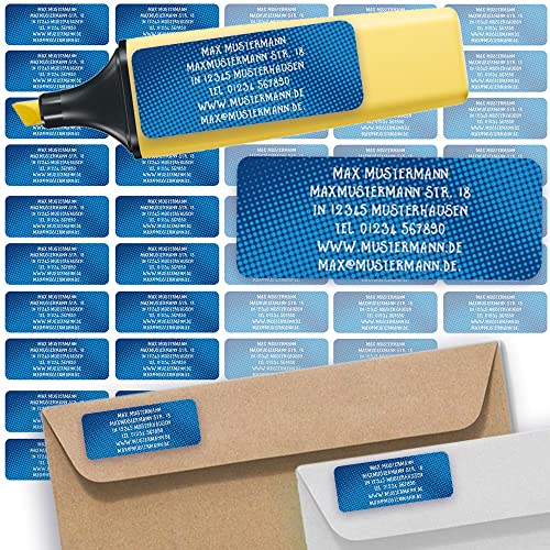 Adress-Etiketten - Adress-Aufkleber Sticker Namensaufkleber mit Ihrem Wunschtext 57x 23mm, für 1 bis 5 Zeilen Text - 45 Stück – 45 Hintergründe zur Auswahl (03 Comic Dunkelblau dark blue) von Sunnywall