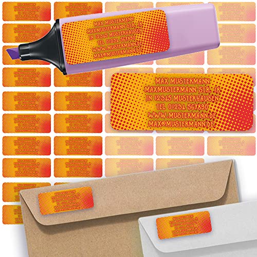 Adress-Etiketten - Adress-Aufkleber Sticker Namensaufkleber mit Ihrem Wunschtext 57x 23mm, für 1 bis 5 Zeilen Text - 45 Stück – 45 Hintergründe zur Auswahl (04 Comic Orange Rot orange red) von Sunnywall