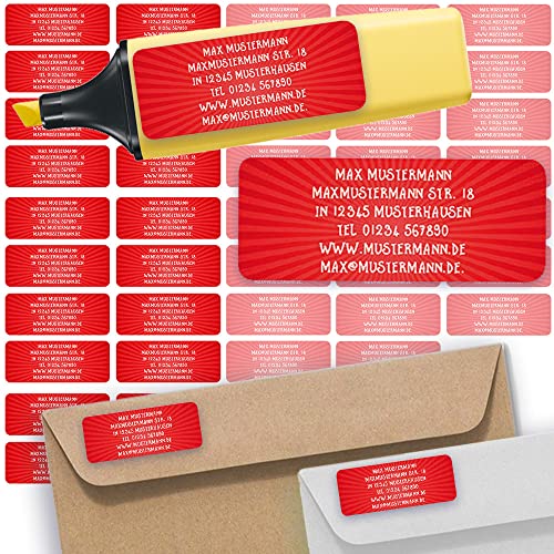Adress-Etiketten - Adress-Aufkleber Sticker Namensaufkleber mit Ihrem Wunschtext 57x 23mm, für 1 bis 5 Zeilen Text - 45 Stück – 45 Hintergründe zur Auswahl (06 Comic Rot red) von Sunnywall