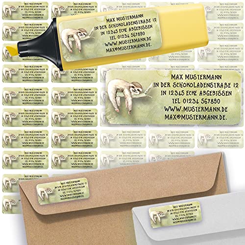 Adress-Etiketten - Adress-Aufkleber Sticker Namensaufkleber mit Ihrem Wunschtext 57x 23mm, für 1 bis 5 Zeilen Text - 45 Stück – 45 Hintergründe zur Auswahl (07 Faultier Slot) von Sunnywall