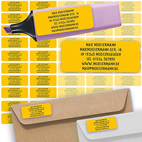 Adress-Etiketten - Adress-Aufkleber Sticker Namensaufkleber mit Ihrem Wunschtext 57x 23mm, für 1 bis 5 Zeilen Text - 45 Stück – 45 Hintergründe zur Auswahl (08 Comic Orange) von Sunnywall