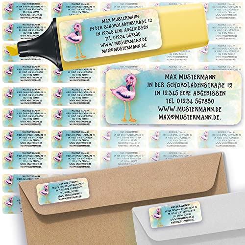 Adress-Etiketten - Adress-Aufkleber Sticker Namensaufkleber mit Ihrem Wunschtext 57x 23mm, für 1 bis 5 Zeilen Text - 45 Stück 45 Hintergründe zur Auswahl (08 Flamingo) von Sunnywall