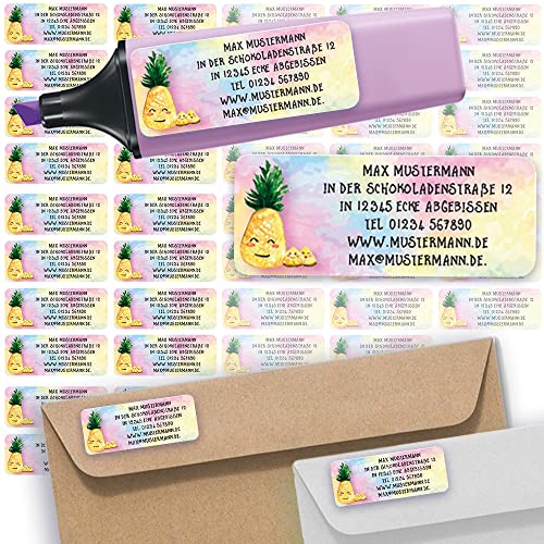 Adress-Etiketten - Adress-Aufkleber Sticker Namensaufkleber mit Ihrem Wunschtext 57x 23mm, für 1 bis 5 Zeilen Text - 45 Stück – 45 Hintergründe zur Auswahl (11 Ananas Pineapple) von Sunnywall