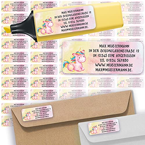 Adress-Etiketten - Adress-Aufkleber Sticker Namensaufkleber mit Ihrem Wunschtext 57x 23mm, für 1 bis 5 Zeilen Text - 45 Stück – 45 Hintergründe zur Auswahl (15 Einhorn Unicorn) von Sunnywall