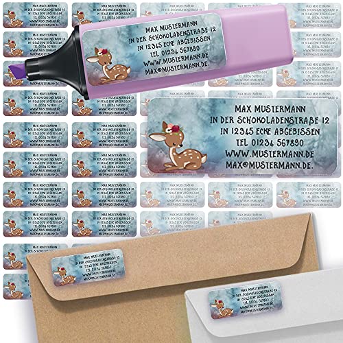 Adress-Etiketten - Adress-Aufkleber Sticker Namensaufkleber mit Ihrem Wunschtext 57x 23mm, für 1 bis 5 Zeilen Text - 45 Stück 45 Hintergründe zur Auswahl (17 Rehkitz Fawn) von Sunnywall