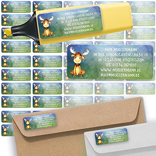 Adress-Etiketten - Adress-Aufkleber Sticker Namensaufkleber mit Ihrem Wunschtext 57x 23mm, für 1 bis 5 Zeilen Text - 45 Stück – 45 Hintergründe zur Auswahl (19 Elch Moose) von Sunnywall