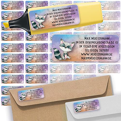 Adress-Etiketten - Adress-Aufkleber Sticker Namensaufkleber mit Ihrem Wunschtext 57x 23mm, für 1 bis 5 Zeilen Text - 45 Stück – 45 Hintergründe zur Auswahl (21 Waschbär Racoon) von Sunnywall