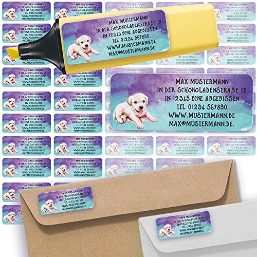 Adress-Etiketten - Adress-Aufkleber Sticker Namensaufkleber mit Ihrem Wunschtext 57x 23mm, für 1 bis 5 Zeilen Text - 45 Stück – 45 Hintergründe zur Auswahl (24 Golden Retriever) von Sunnywall