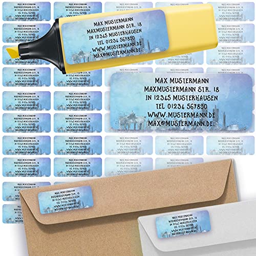 Adress-Etiketten - Adress-Aufkleber Sticker Namensaufkleber mit Ihrem Wunschtext 57x 23mm, für 1 bis 5 Zeilen Text - 45 Stück – 45 Hintergründe zur Auswahl (25 Watercolor Skyline Berlin Grau gray) von Sunnywall