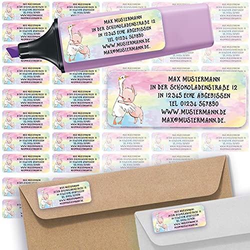 Adress-Etiketten - Adress-Aufkleber Sticker Namensaufkleber mit Ihrem Wunschtext 57x 23mm, für 1 bis 5 Zeilen Text - 45 Stück – 45 Hintergründe zur Auswahl (41 Gänschen Schweinchen Gosling Piggy) von Sunnywall