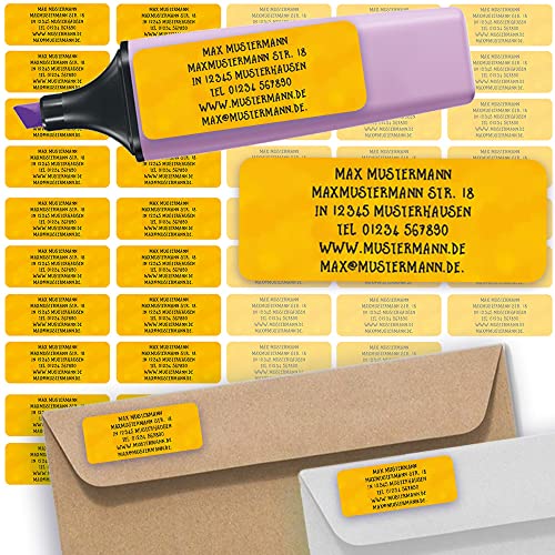 Adress-Etiketten - Adress-Aufkleber Sticker Namensaufkleber mit Ihrem Wunschtext 57x 23mm, für 1 bis 5 Zeilen Text - 45 Stück – 45 Hintergründe zur Auswahl (42 Orange Watercolor) von Sunnywall