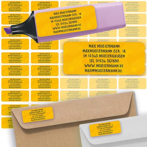 Adress-Etiketten - Adress-Aufkleber Sticker Namensaufkleber mit Ihrem Wunschtext 57x 23mm, für 1 bis 5 Zeilen Text - 45 Stück 45 Hintergründe zur Auswahl (42 Orange Watercolor) von Sunnywall