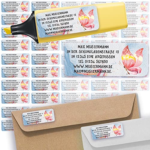Adress-Etiketten - Adress-Aufkleber Sticker Namensaufkleber mit Ihrem Wunschtext 57x 23mm, für 1 bis 5 Zeilen Text - 45 Stück 45 Hintergründe zur Auswahl (42 Schmetterling Buterfly) von Sunnywall