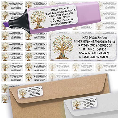 Adress-Etiketten - Adress-Aufkleber Sticker Namensaufkleber mit Ihrem Wunschtext 57x 23mm, für 1 bis 5 Zeilen Text - 45 Stück 45 Hintergründe zur Auswahl (43 Baum Tree) von Sunnywall