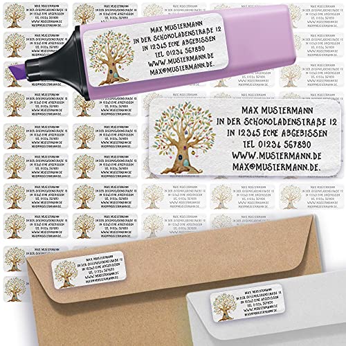 Adress-Etiketten - Adress-Aufkleber Sticker Namensaufkleber mit Ihrem Wunschtext 57x 23mm, für 1 bis 5 Zeilen Text - 45 Stück – 45 Hintergründe zur Auswahl (43 Baum Tree) von Sunnywall