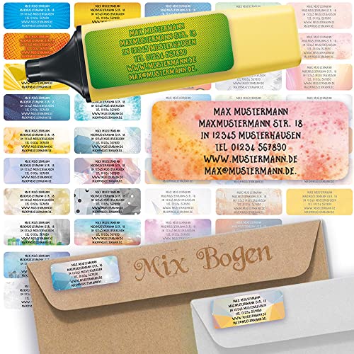 Adress-Etiketten - Adress-Aufkleber Sticker Namensaufkleber mit Ihrem Wunschtext 57x 23mm, für 1 bis 5 Zeilen Text - 45 Stück 45 Hintergründe zur Auswahl (Mix Etiketten) von Sunnywall