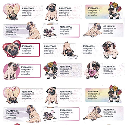 Mops pug Hund Adress-Etiketten - Adress-Aufkleber Sticker mit Ihrem Wunschtext 53x 21mm, für 1 bis 5 Zeilen Text (48 Stück (2 x A4 Bogen)) von Sunnywall