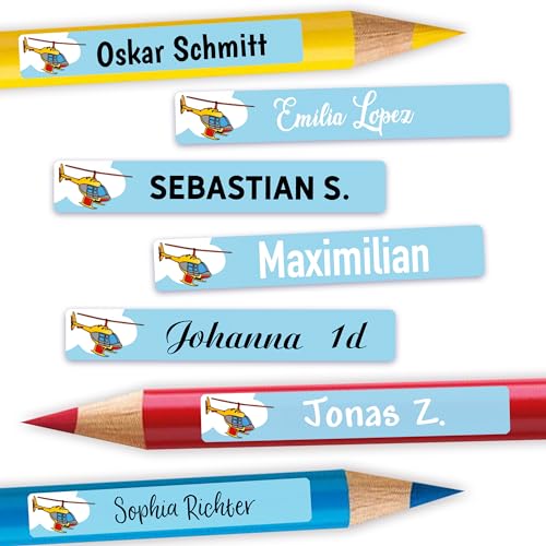 Sunnywall® Stifteaufkleber Hubschrauber Namensaufkleber Kinder Schule 72 Stück Aufkleber für Stifte Namensetiketten Etiketten | schmale 49x7,5mm Kita Schulanfang von Sunnywall
