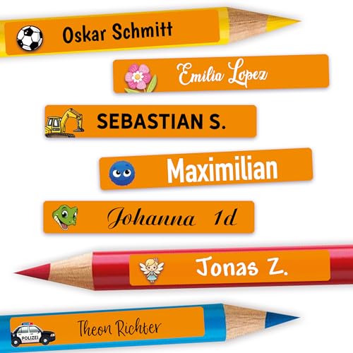 Sunnywall® Namensaufkleber Kinder – Stifteaufkleber personalisiert für Schule & Kita, ideal für Stifte & Schulsachen, wasserfest & spülmaschinenfest, starker Halt (Orange) von Sunnywall
