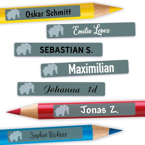 Sunnywall® Stifteaufkleber Elefant Namensaufkleber Kinder Schule 72 Stück Aufkleber für Stifte Namensetiketten Etiketten | schmale 49x7,5mm Kita Schulanfang von Sunnywall