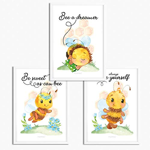 Sunnywall® 3er Set Poster Kinderzimmer - A4 Bilder Babyzimmer Kinderposter | OHNE Bilderrahmen | - Deko Mädchen Junge | (Bienen Bee, A4 (21 cm x 29,7 cm)) von Sunnywall