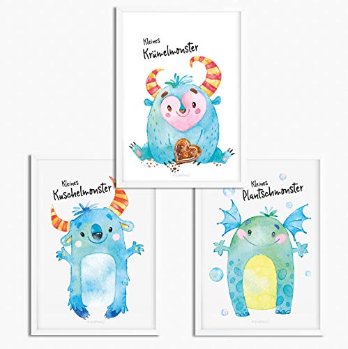 Sunnywall® 3er Set Poster Kinderzimmer - A4 Bilder Babyzimmer Kinderposter | OHNE Bilderrahmen | - Deko Mädchen Junge | Monster Krümelmonster Kuschelmonster von Sunnywall