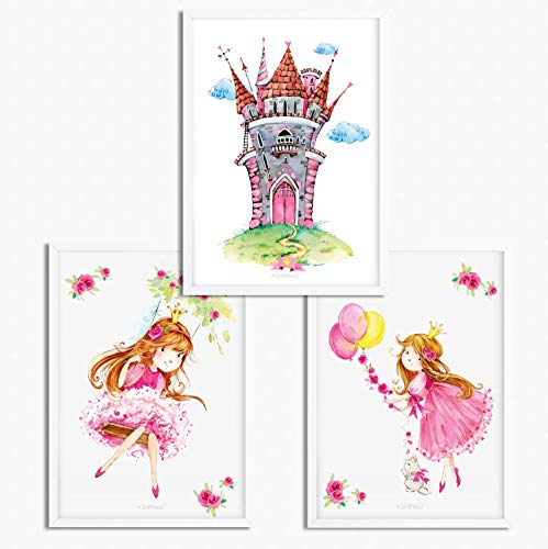 Sunnywall® 3er Set Poster Kinderzimmer - A4 Bilder Babyzimmer Kinderposter | OHNE Bilderrahmen | - Deko Mädchen Junge | Prinzessin rosa Schloss pink von Sunnywall