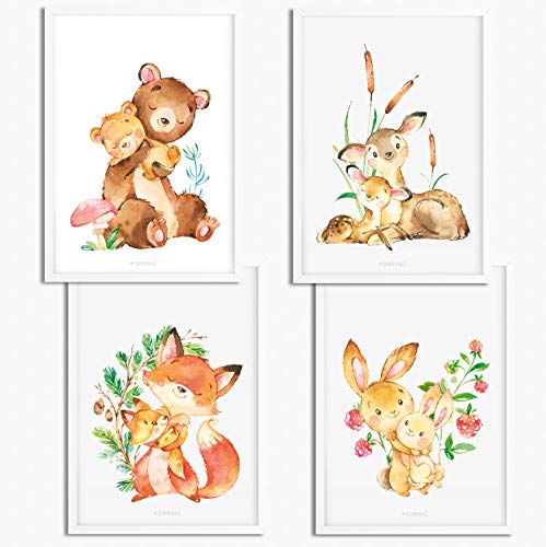 Sunnywall® 4er Set Waldtiere Bär Fuchs Bambi Reh Hase Poster Kinderzimmer - A4 Bilder Babyzimmer Kinderposter | OHNE Bilderrahmen | - Deko Mädchen Junge von Sunnywall