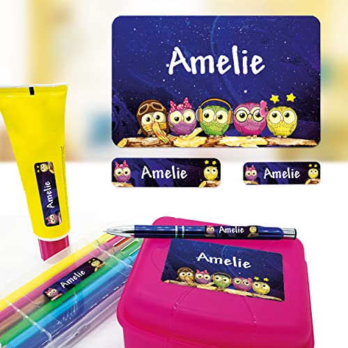 Sunnywall® Eule owl Namensaufkleber Stife-Aufkleber Federmappe Kinder & Erwachsene Namen Sticker Aufkleber Sticker 79 Stück Schule und Kindergarten - wasserfest von Sunnywall