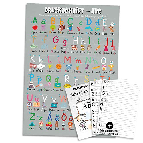 Sunnywall® Lernposter: Mein ABC in der Grundschrift (GS) in A1-59 x 84 cm + Schreiblernblätter zum Ausdrucken Druckschrift von Sunnywall