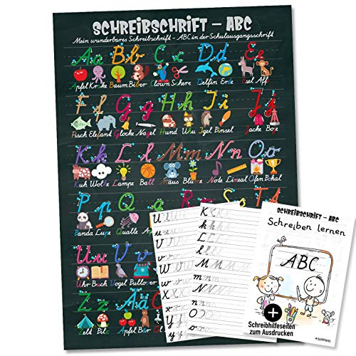 Sunnywall® Lernposter: Mein ABC in der Grundschrift (GS) in A1-59 x 84 cm + Schreiblernblätter zum Ausdrucken Schreibschrift von Sunnywall