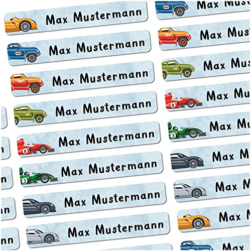 72 Stück personalisierte Namensaufkleber für Schulsache. Für Kinder Schule und Kindergarten zum Markieren von Gegenständen (Auto Rennwagen) Maße 4,9 x 0,75cm von Sunnywall