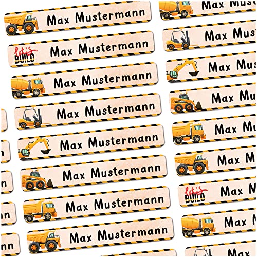 72 Stück personalisierte Namensaufkleber für Schulsache. Für Kinder Schule und Kindergarten zum Markieren von Gegenständen (Baufahrzeuge) Maße 4,9 x 0,75cm von Sunnywall