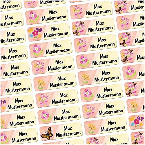 60 Stück personalisierte Namensaufkleber für Schulsache. Für Kinder Schule und Kindergarten zum Markieren von Gegenständen (Blumen) Maße 4,8x1,6cm von Sunnywall