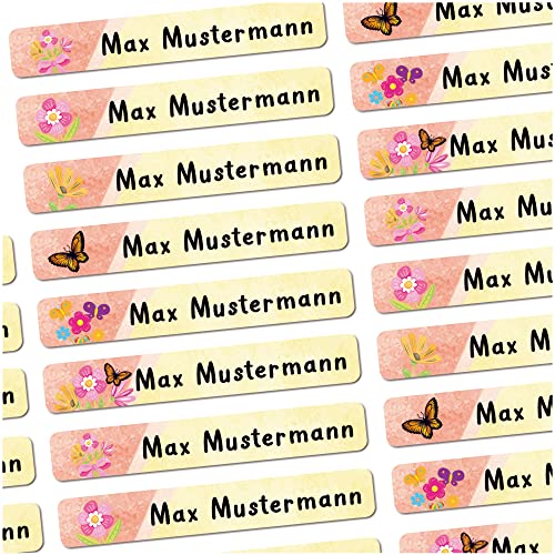 72 Stück personalisierte Namensaufkleber für Schulsache. Für Kinder Schule und Kindergarten zum Markieren von Gegenständen (Blume Schmetterling) Maße 4,9 x 0,75cm von Sunnywall