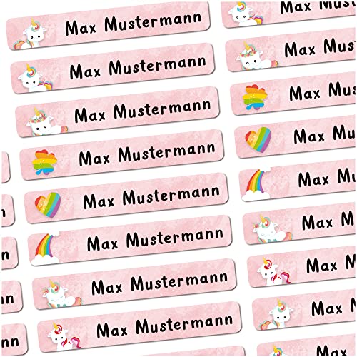 72 Stück personalisierte Namensaufkleber für Schulsache. Für Kinder Schule und Kindergarten zum Markieren von Gegenständen (Einhorn) Maße 4,9 x 0,75cm von Sunnywall
