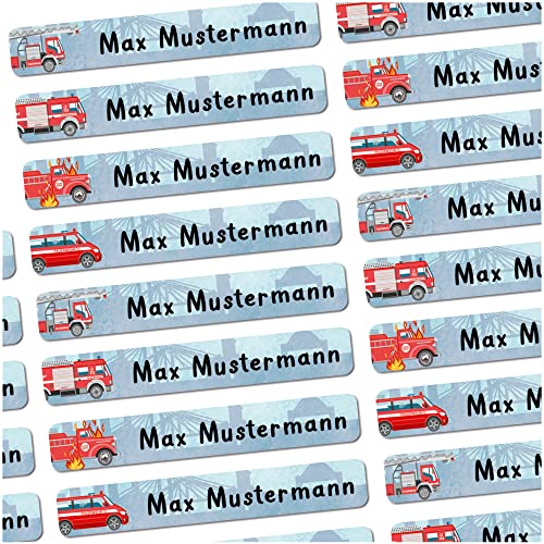 72 Stück personalisierte Namensaufkleber für Schulsache. Für Kinder Schule und Kindergarten zum Markieren von Gegenständen (Feuerwehr) Maße 4,9 x 0,75cm von Sunnywall