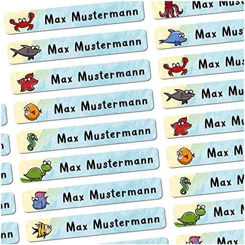 72 Stück personalisierte Namensaufkleber für Schulsache. Für Kinder Schule und Kindergarten zum Markieren von Gegenständen (Fische) Maße 4,9 x 0,75cm von Sunnywall