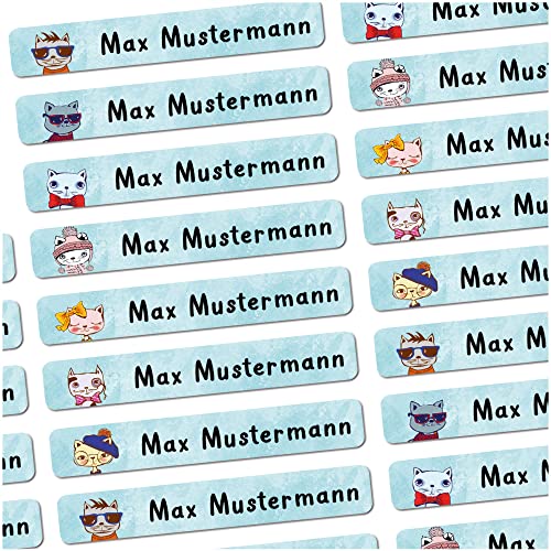 72 Stück personalisierte Namensaufkleber für Schulsache. Für Kinder Schule und Kindergarten zum Markieren von Gegenständen (Katzen) Maße 4,9 x 0,75cm von Sunnywall