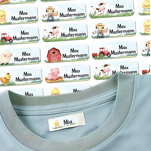 Sunnywall® 37 Selbstklebende Namensschilder & Namensaufkleber für Kleidung & Gegenstände - Waschmaschinenfest | Ideal für Kinder, Schule und Kita (3,8x1,4 cm) Bauernhof Tiere von Sunnywall