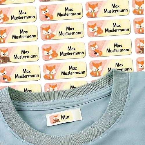 Sunnywall® 37 Selbstklebende Namensschilder & Namensaufkleber für Kleidung & Gegenstände - Waschmaschinenfest | Ideal für Kinder, Schule und Kita (3,8x1,4 cm) Fuchs von Sunnywall