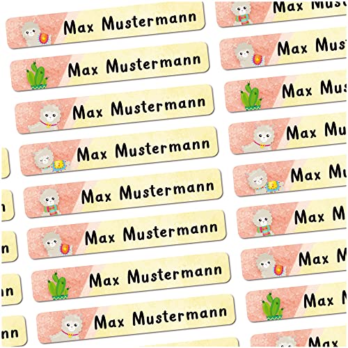 72 Stück personalisierte Namensaufkleber für Schulsache. Für Kinder Schule und Kindergarten zum Markieren von Gegenständen (Alpaka Lama) Maße 4,9 x 0,75cm von Sunnywall