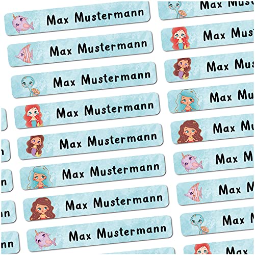 72 Stück personalisierte Namensaufkleber für Schulsache. Für Kinder Schule und Kindergarten zum Markieren von Gegenständen (Meerjungfrau) Maße 4,9 x 0,75cm von Sunnywall