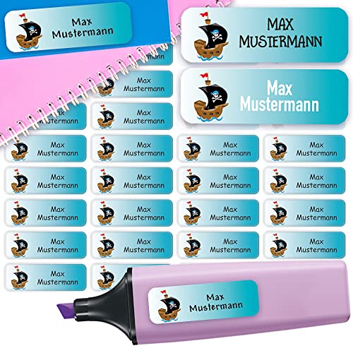 Sunnywall® Namensaufkleber Kinder Schule Piratenschiff Aufkleber Namensetiketten | 60 Stück Klebeetiketten zum Beschriften 4,8x1,6cm Kita Schulanfang | wasserfest von Sunnywall