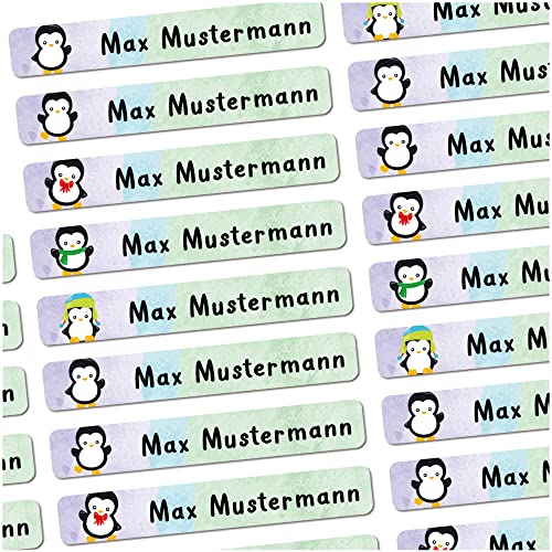 72 Stück personalisierte Namensaufkleber für Schulsache. Für Kinder Schule und Kindergarten zum Markieren von Gegenständen (Pinguin) Maße 4,9 x 0,75cm von Sunnywall