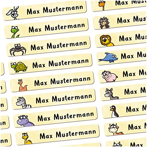 72 Stück personalisierte Namensaufkleber für Schulsache. Für Kinder Schule und Kindergarten zum Markieren von Gegenständen (Tiere Comic) Maße 4,9 x 0,75cm von Sunnywall