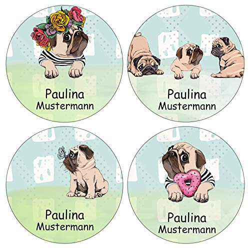 Sunnywall® Runde Aufkleber Namensaufkleber Federmappe Kinder & Erwachsene Namen Sticker Aufkleber Sticker 44 Stück Schule und Kindergarten - wasserfest (Mops Hund) von Sunnywall