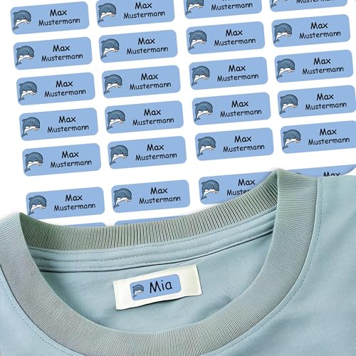 Sunnywall® 37 Selbstklebende Namensschilder & Namensaufkleber für Kleidung & Gegenstände - waschmaschinengeeignet | Ideal für Kinder, Schule und Kita (3,8x1,4 cm) (Delphin Delfin 37) von Sunnywall