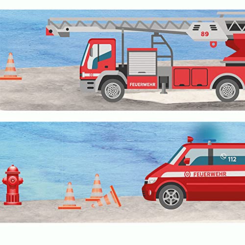 Sunnywall® Wandbordüre Bordüre Feuerwehr Rettungswagen Autos einzigartiges Design | Kinderzimmer Dekoration | hochwertiges Tapetenvlies | 400 x 12 cm von Sunnywall