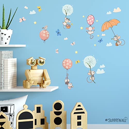 Sunnywall Mäuse fliegend Ballons Wandsticker - Wandtattoo Kinderzimmer Baby Wandaufkleber - 3 x A4 Set von Sunnywall